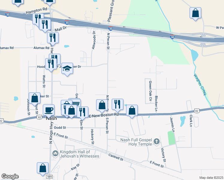 map of restaurants, bars, coffee shops, grocery stores, and more near 312 North Pecan Street in Nash