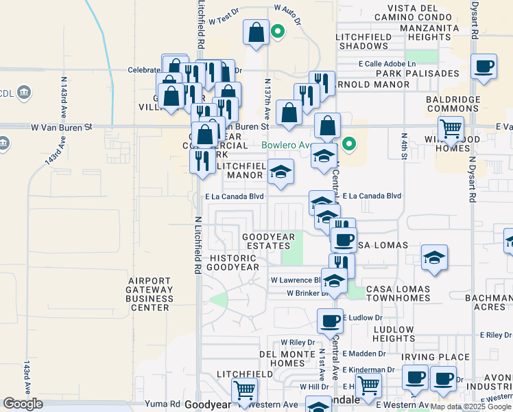map of restaurants, bars, coffee shops, grocery stores, and more near 1027 North Los Robles Drive in Goodyear