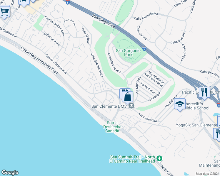 map of restaurants, bars, coffee shops, grocery stores, and more near 2802 Camino Capistrano in San Clemente