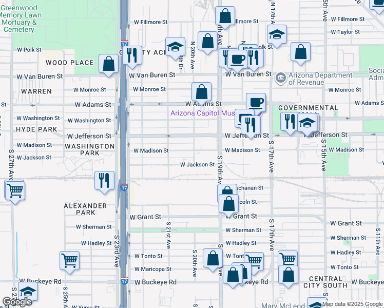 map of restaurants, bars, coffee shops, grocery stores, and more near 2001 West Madison Street in Phoenix