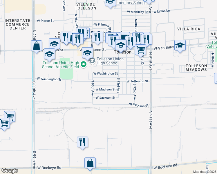 map of restaurants, bars, coffee shops, grocery stores, and more near 9354 West Madison Street in Tolleson