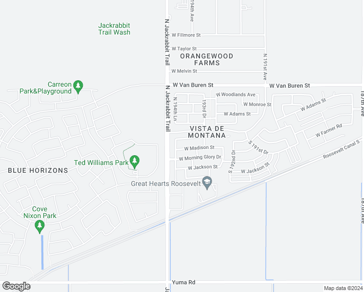 map of restaurants, bars, coffee shops, grocery stores, and more near 19436 West Madison Street in Buckeye