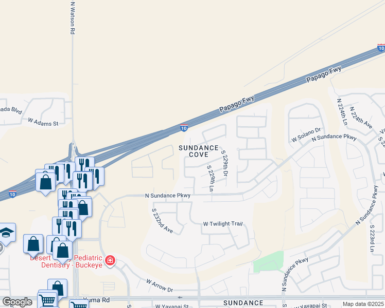 map of restaurants, bars, coffee shops, grocery stores, and more near 23048 West Gardenia Drive in Buckeye
