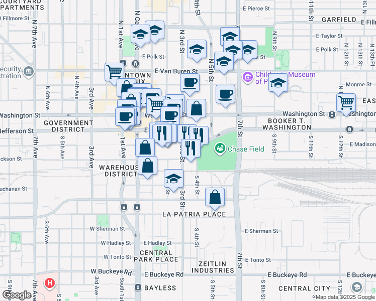 map of restaurants, bars, coffee shops, grocery stores, and more near 333 East Jefferson Street in Phoenix