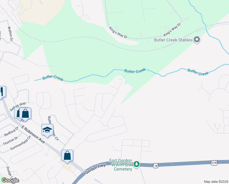 map of restaurants, bars, coffee shops, grocery stores, and more near 5036 Vine Lane in Grovetown