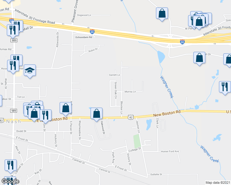 map of restaurants, bars, coffee shops, grocery stores, and more near 70 Green Oak Circle in Nash