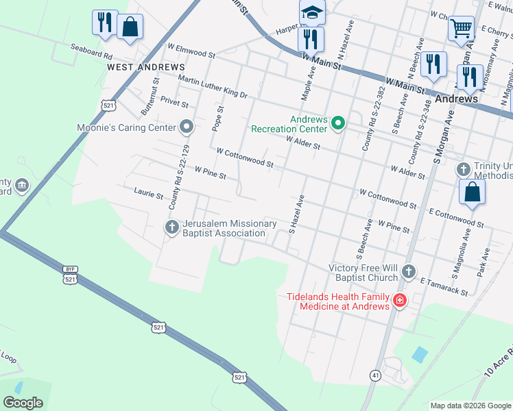 map of restaurants, bars, coffee shops, grocery stores, and more near 12 Locust Street in Andrews