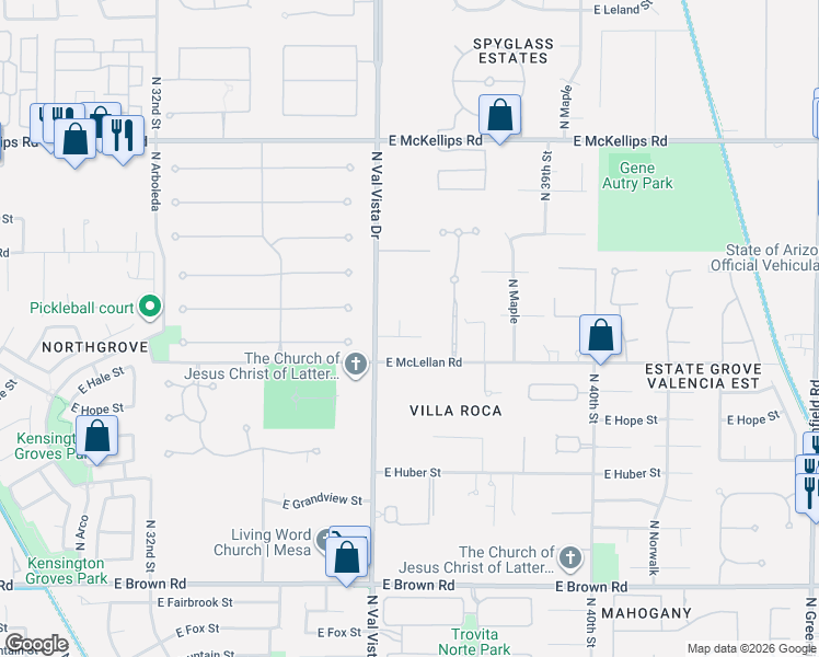 map of restaurants, bars, coffee shops, grocery stores, and more near 3658 East Indigo Circle in Mesa
