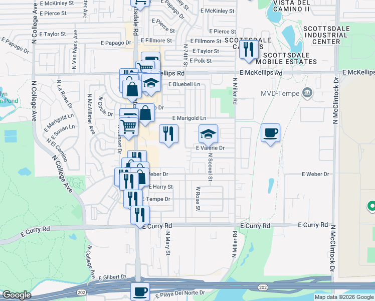 map of restaurants, bars, coffee shops, grocery stores, and more near 1106 East Weber Drive in Tempe