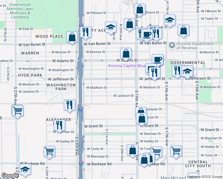 map of restaurants, bars, coffee shops, grocery stores, and more near 2041 West Madison Street in Phoenix