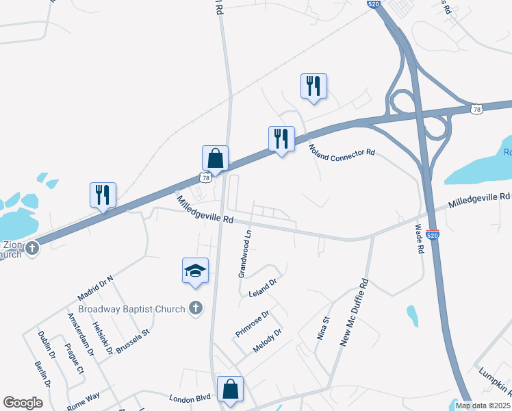 map of restaurants, bars, coffee shops, grocery stores, and more near 3565-3575 Milledgeville Road in Augusta