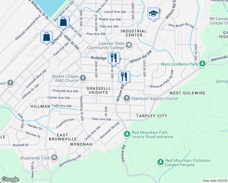 map of restaurants, bars, coffee shops, grocery stores, and more near 3712 Carver Avenue Southwest in Birmingham