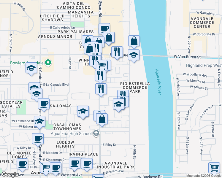 map of restaurants, bars, coffee shops, grocery stores, and more near 827 East Washington Street in Avondale