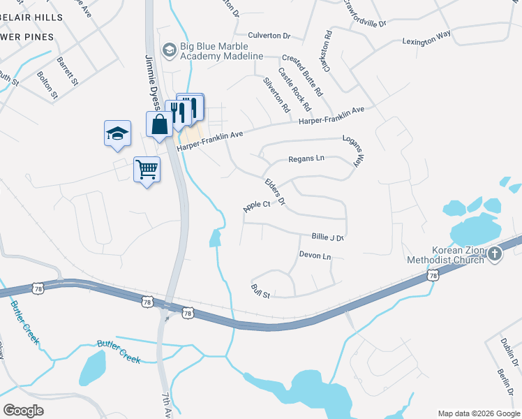 map of restaurants, bars, coffee shops, grocery stores, and more near 4804 Apple Court in Augusta