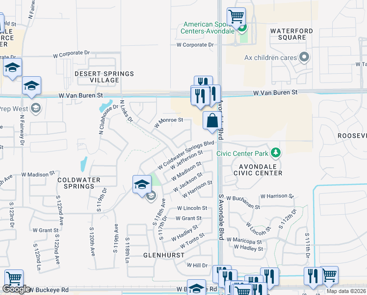 map of restaurants, bars, coffee shops, grocery stores, and more near 11625 West Washington Street in Avondale