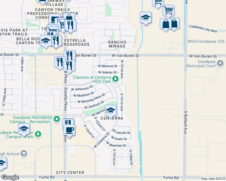 map of restaurants, bars, coffee shops, grocery stores, and more near 259 S 152nd Ave in Goodyear