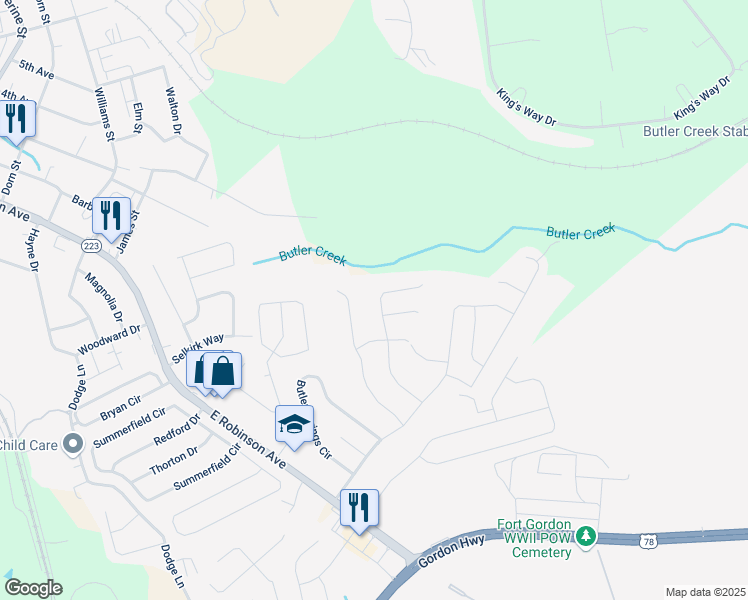 map of restaurants, bars, coffee shops, grocery stores, and more near 835 Shirez Drive in Grovetown