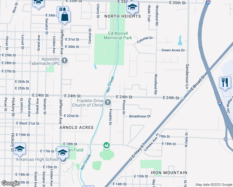 map of restaurants, bars, coffee shops, grocery stores, and more near 2401 Brookridge Drive in Texarkana