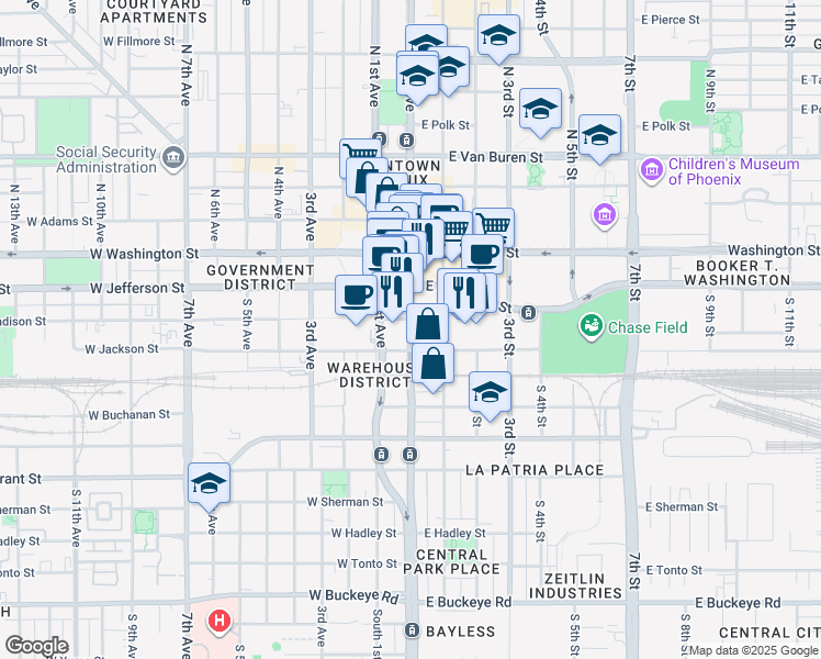 map of restaurants, bars, coffee shops, grocery stores, and more near 234 South Central Avenue in Phoenix