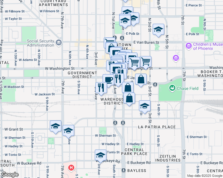 map of restaurants, bars, coffee shops, grocery stores, and more near 101 West Madison Street in Phoenix