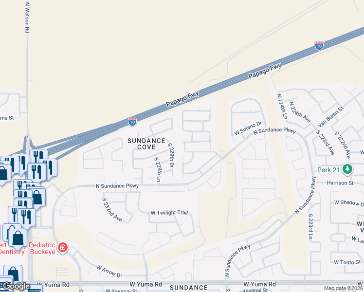 map of restaurants, bars, coffee shops, grocery stores, and more near 197 South 229th Drive in Buckeye