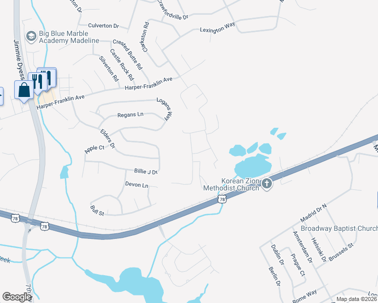 map of restaurants, bars, coffee shops, grocery stores, and more near 4734 Billie J Drive in Augusta