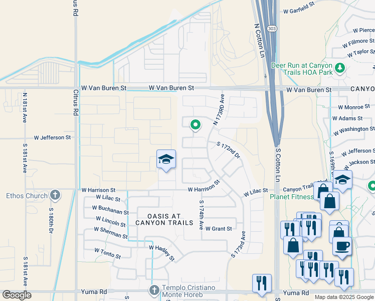 map of restaurants, bars, coffee shops, grocery stores, and more near 17439 West Jefferson Street in Goodyear
