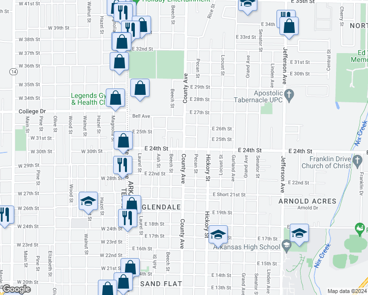 map of restaurants, bars, coffee shops, grocery stores, and more near 502 East 24th Street in Texarkana