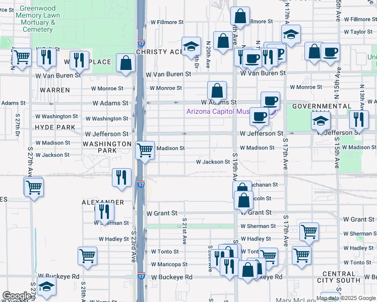 map of restaurants, bars, coffee shops, grocery stores, and more near 2041 West Madison Street in Phoenix