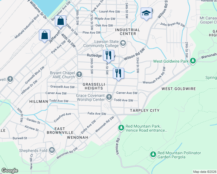 map of restaurants, bars, coffee shops, grocery stores, and more near 3712 Carver Avenue Southwest in Birmingham