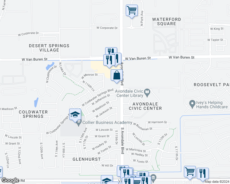 map of restaurants, bars, coffee shops, grocery stores, and more near 11558 West Jefferson Street in Avondale