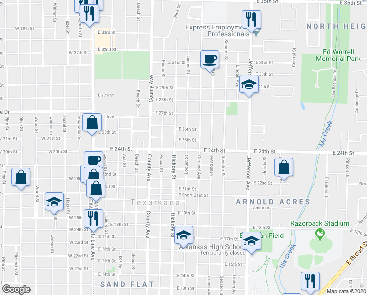 map of restaurants, bars, coffee shops, grocery stores, and more near 2401 Locust Street in Texarkana