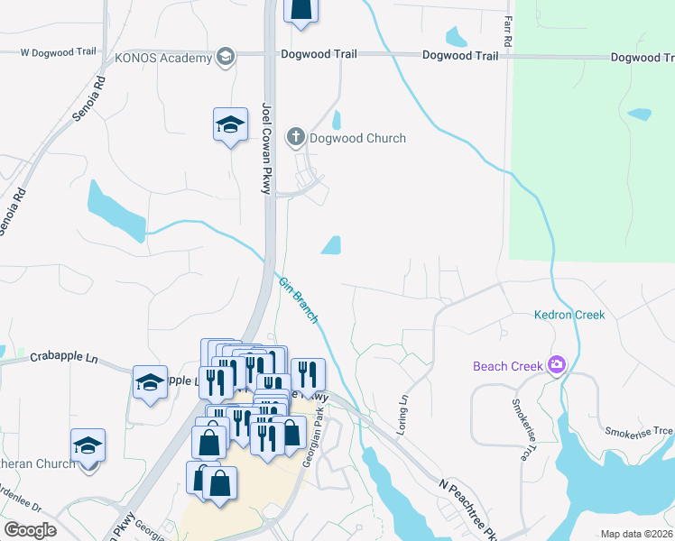 map of restaurants, bars, coffee shops, grocery stores, and more near 719 Greenwood Lane in Peachtree City