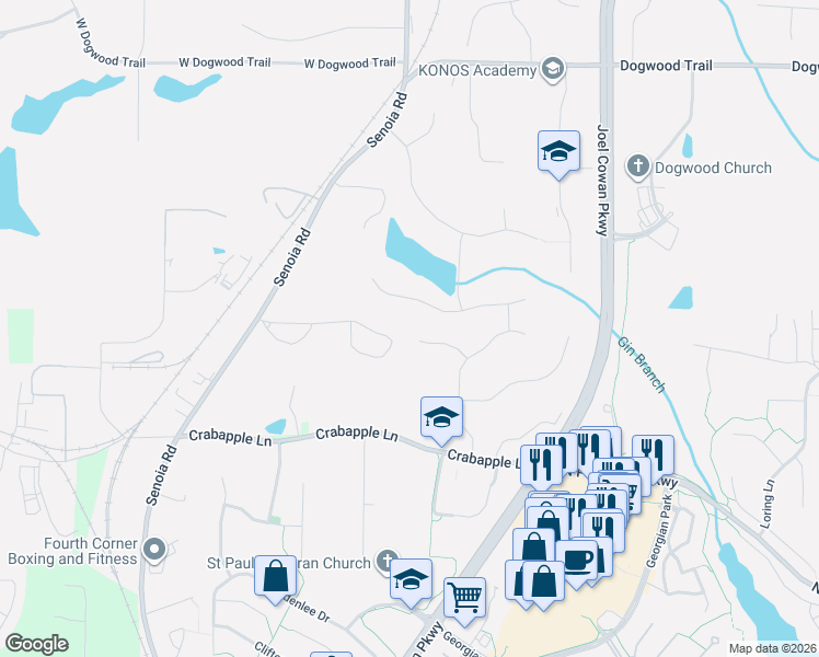map of restaurants, bars, coffee shops, grocery stores, and more near 310 Pennlyn Place in Peachtree City