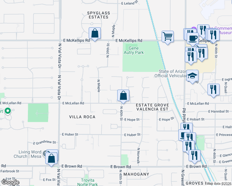 map of restaurants, bars, coffee shops, grocery stores, and more near 3950 East McLellan Road in Mesa