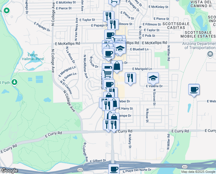 map of restaurants, bars, coffee shops, grocery stores, and more near 1446 North Scottsdale Road in Tempe