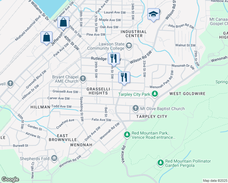 map of restaurants, bars, coffee shops, grocery stores, and more near 3712 Carver Avenue Southwest in Birmingham