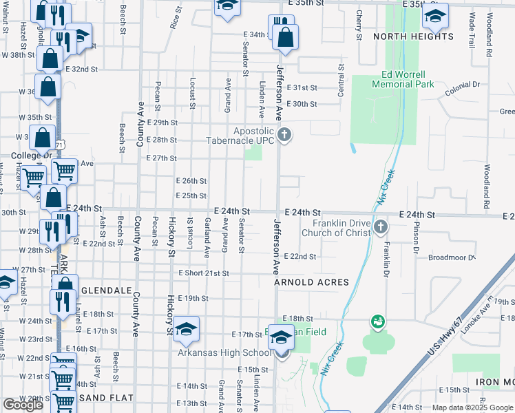 map of restaurants, bars, coffee shops, grocery stores, and more near 2401 Linden Avenue in Texarkana