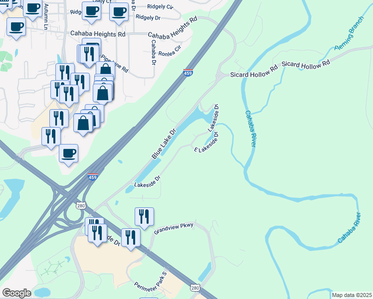 map of restaurants, bars, coffee shops, grocery stores, and more near 3544 Lakeside Drive in Vestavia Hills