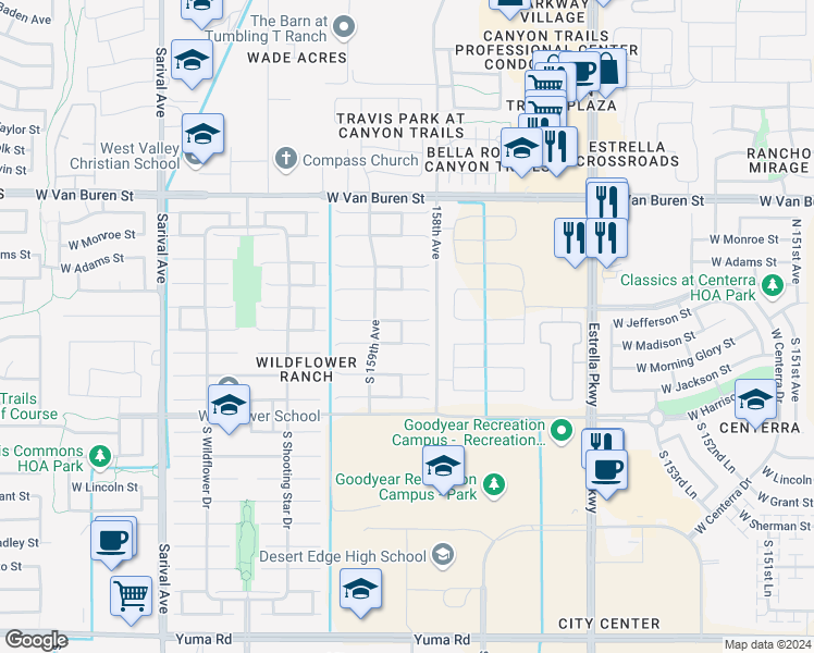 map of restaurants, bars, coffee shops, grocery stores, and more near 15847 West Jefferson Street in Goodyear