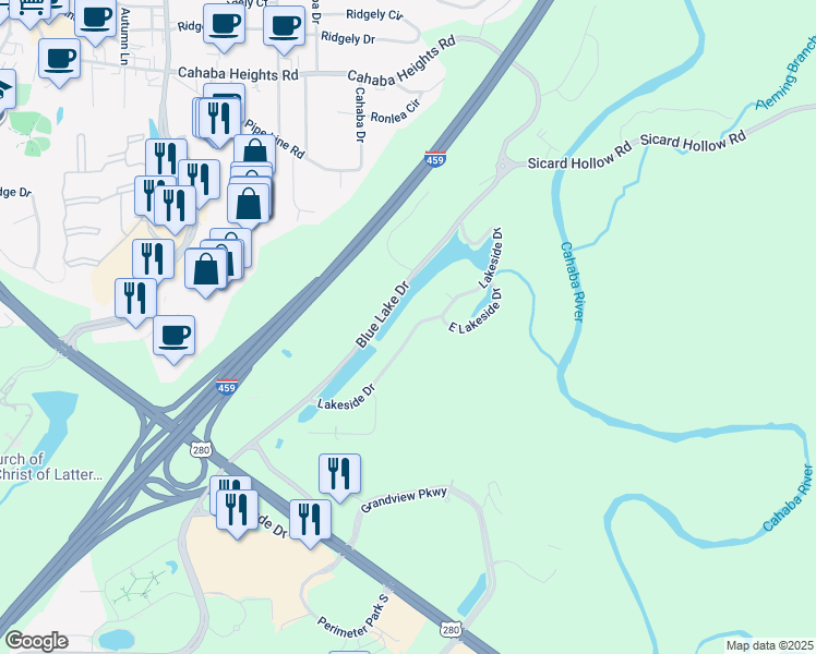 map of restaurants, bars, coffee shops, grocery stores, and more near 3544 Lakeside Drive in Vestavia Hills