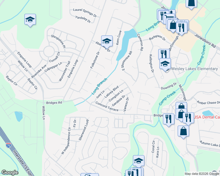 map of restaurants, bars, coffee shops, grocery stores, and more near 1130 Ivey Lane in McDonough