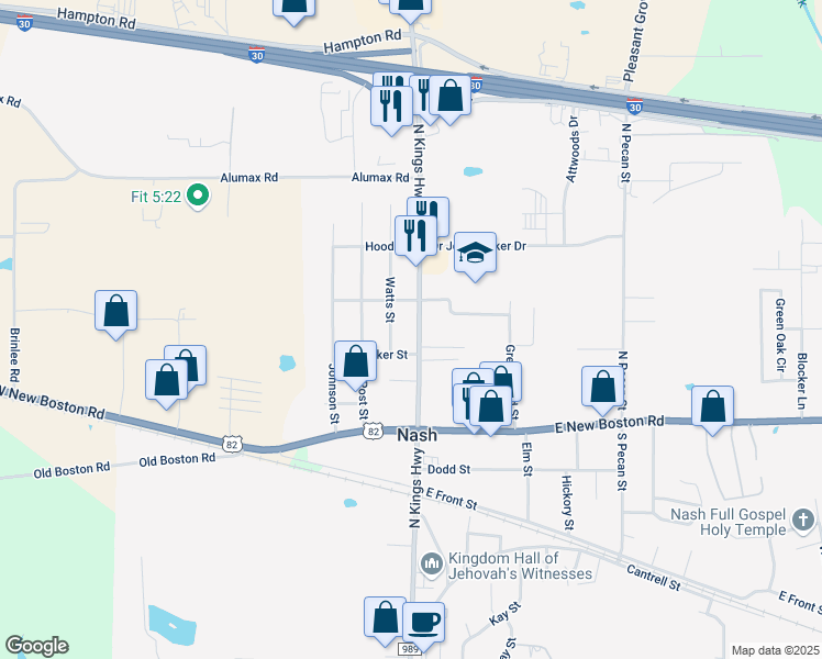 map of restaurants, bars, coffee shops, grocery stores, and more near 1605 North Kings Highway in Nash