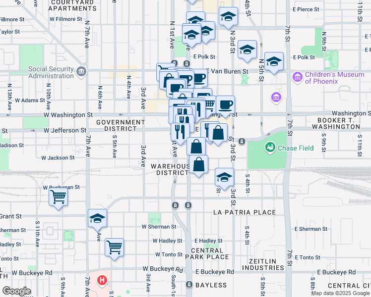map of restaurants, bars, coffee shops, grocery stores, and more near 234 South Central Avenue in Phoenix