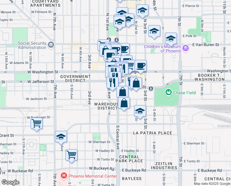 map of restaurants, bars, coffee shops, grocery stores, and more near 234 South Central Avenue in Phoenix