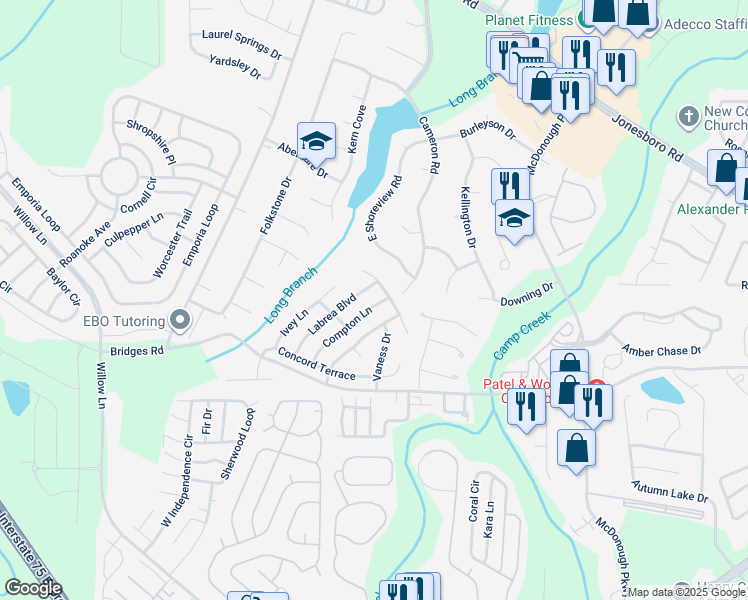 map of restaurants, bars, coffee shops, grocery stores, and more near 610 Compton Lane in McDonough