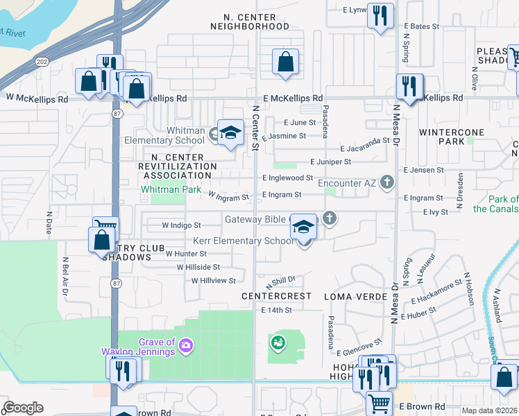 map of restaurants, bars, coffee shops, grocery stores, and more near 1647 North Center Street in Mesa