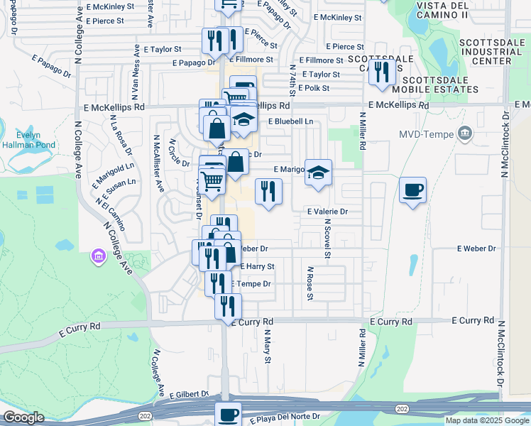 map of restaurants, bars, coffee shops, grocery stores, and more near 1535 North Scottsdale Road in Tempe
