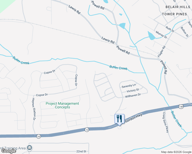 map of restaurants, bars, coffee shops, grocery stores, and more near 3211 Waverley Lane in Grovetown