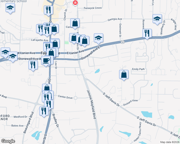 map of restaurants, bars, coffee shops, grocery stores, and more near 270 South Jeff Davis Drive in Fayetteville